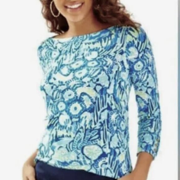 Lilly Pulitzer Top Sz M Dark Blue Green Tropical Indigo Sunset Soft Cotton - Picture 1 of 8